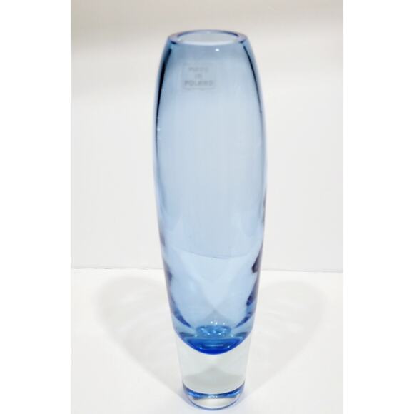 Blue Mouthblown 9.5" Heavy Art Glass Vase POLAND Barrel Oval - Picture 2 of 4